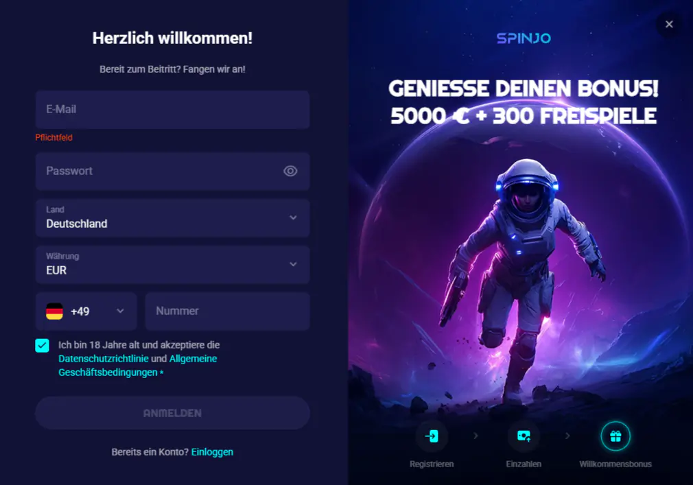 Registrierung & Login Spinjo Casino DE